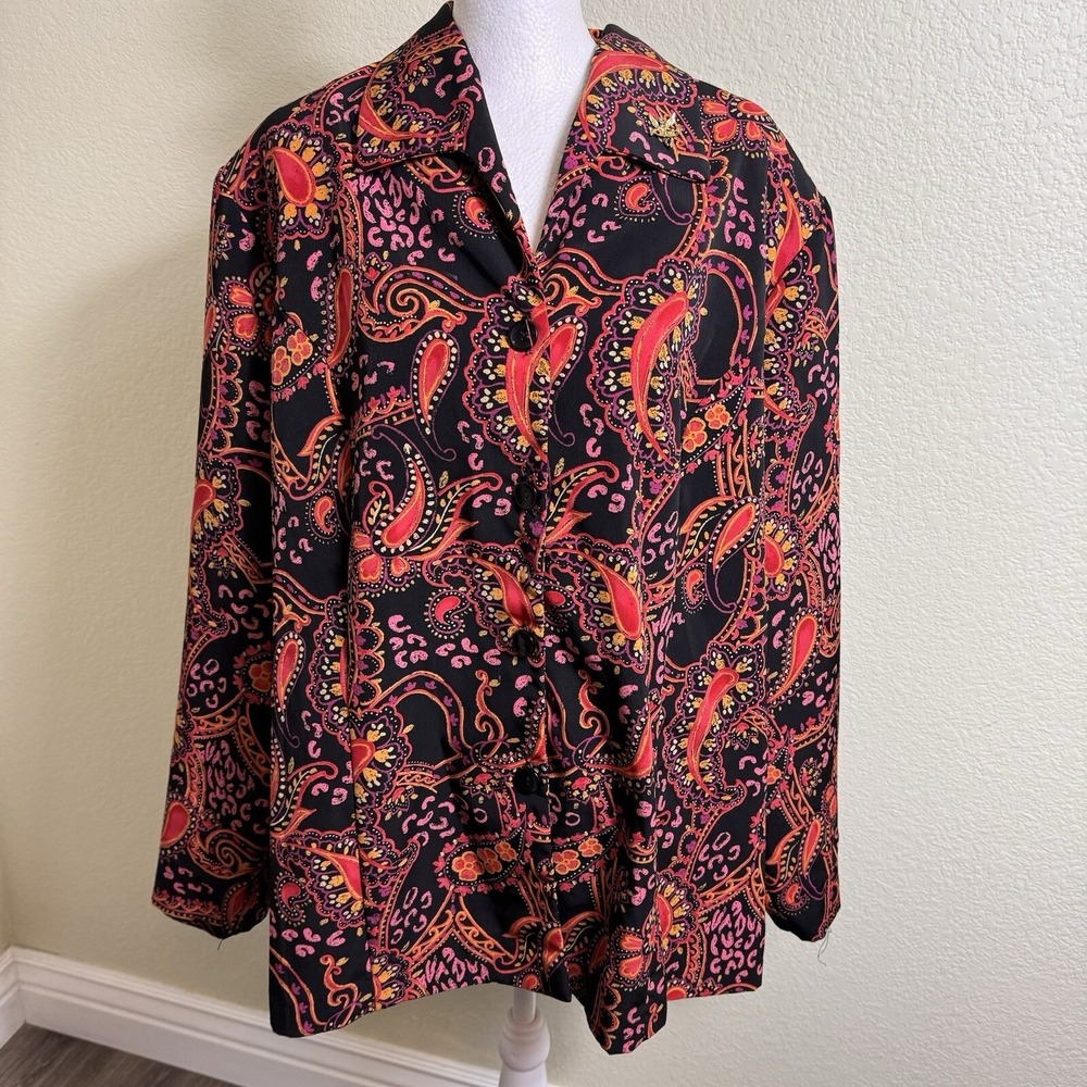 Fashion Bug‎ Women's Blouse Button Up Floral Black with Red and Pink Size 22-24